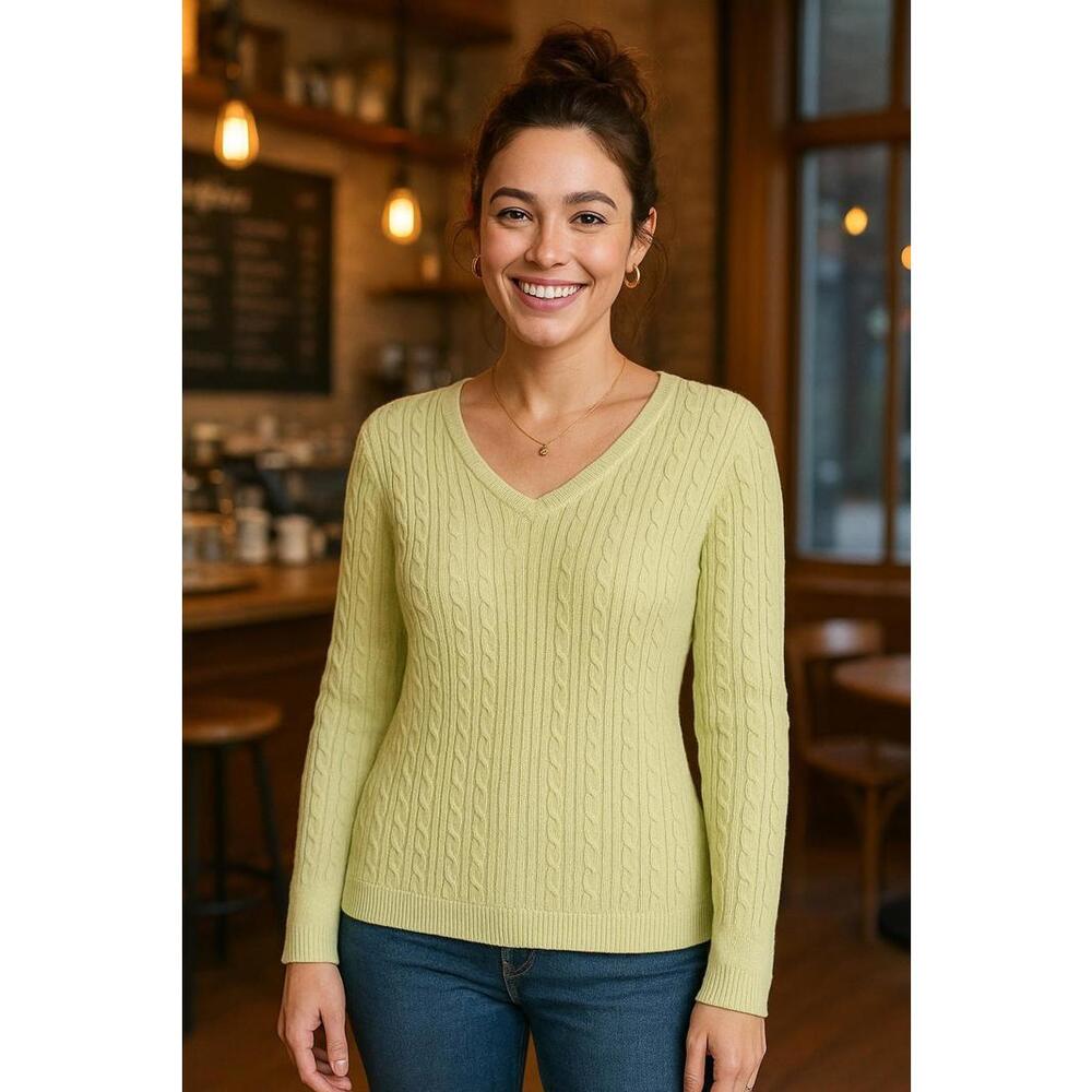 Talbots Women's Light Green Cotton Cable Knit V Neck Sweater, Petite/ Medium